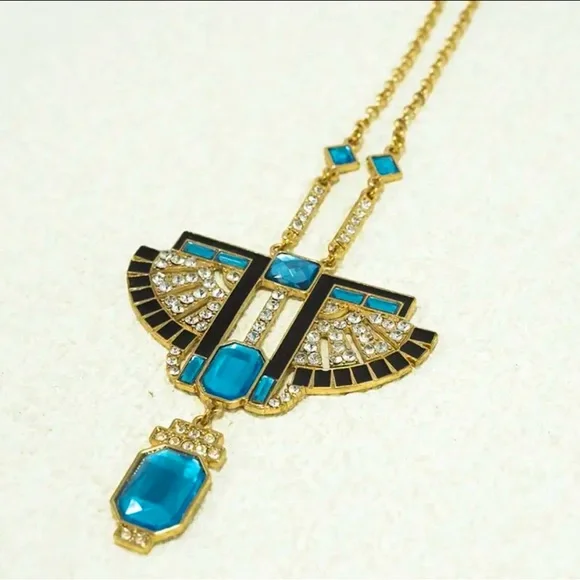 Boho Chic Blue Simulated Gemstones with Rhinestone Accents, Goldtone Necklace - Picture 4 of 7
